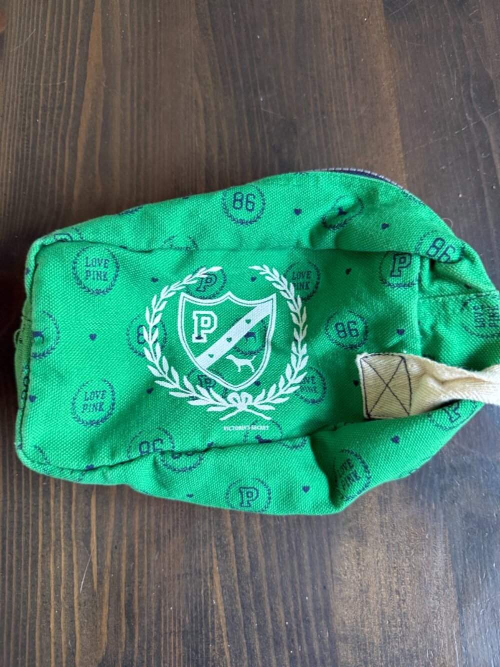 Victoria's Secret Pink Vintage Love University canvas makeup bag - Green